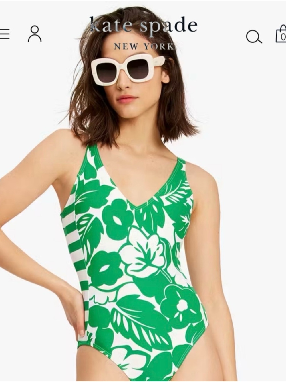 kate spade Green and White Floral V‑Neck One‑Piece Swimsuit